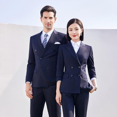 高端藍色條紋職業經紀人西裝套裝2024年新款男女同款韓版氣質正裝